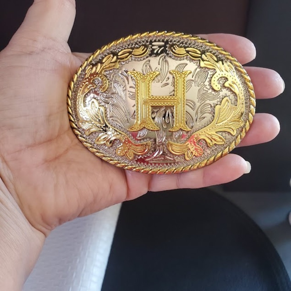Western Initial H Belt Buckle Gold Silver Tone Engraved Floral Rodeo Large Oval